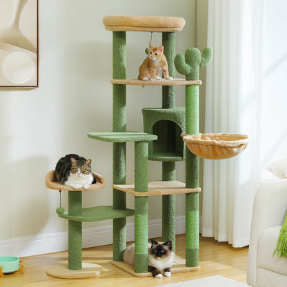 59" Cactus Cat Tree, Large Cat Tree for Indoor Cats, Cat Tower for Large Cats, Multi-Level Cat Tower, Cat Condo with Large Hammock, Scratching Post, and 2 Perches, Green、