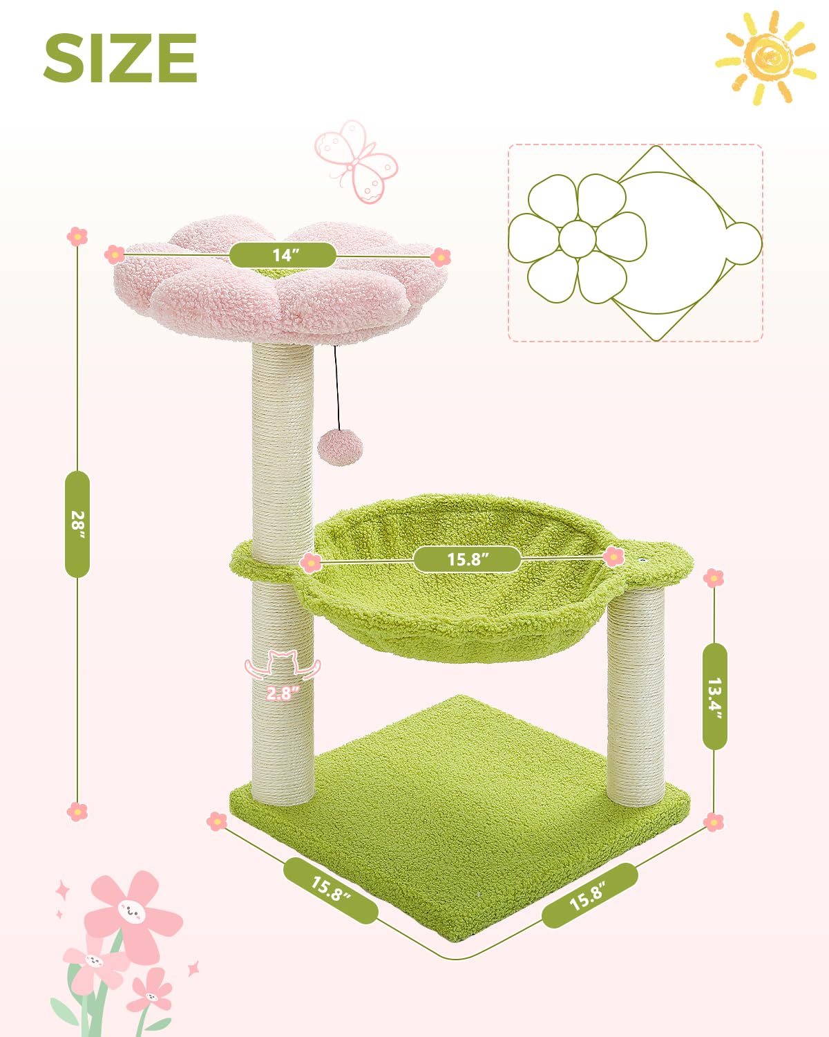 Flower Cat Tree, 28" Cat Tower with Cozy Flower Perch, Large Hammock for Indoor Small Cats, Cute Cat Tree with Sisal Scratching Post and Fur Toy Ball for Kittens, Pink