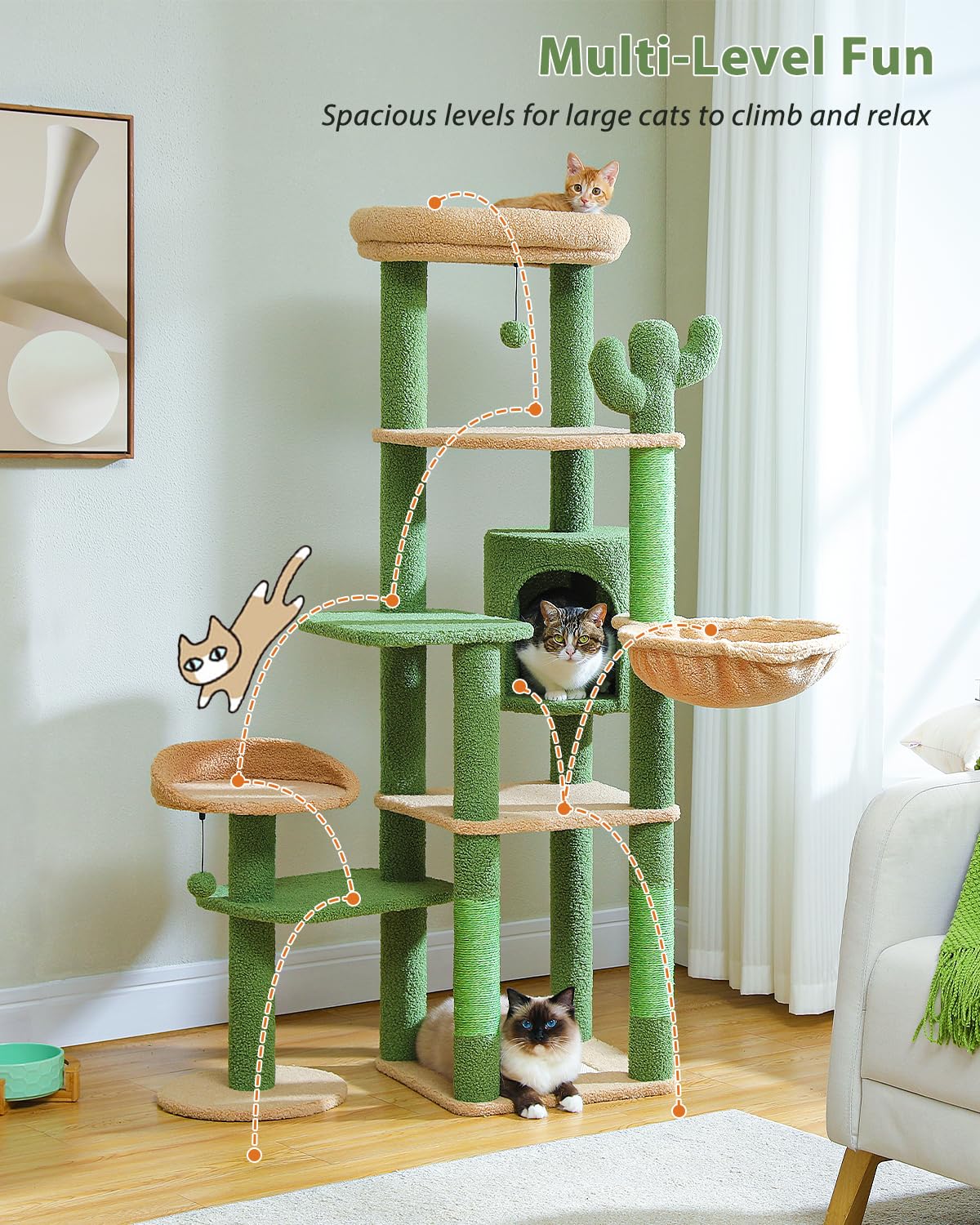 59" Cactus Cat Tree, Large Cat Tree for Indoor Cats, Cat Tower for Large Cats, Multi-Level Cat Tower, Cat Condo with Large Hammock, Scratching Post, and 2 Perches, Green、