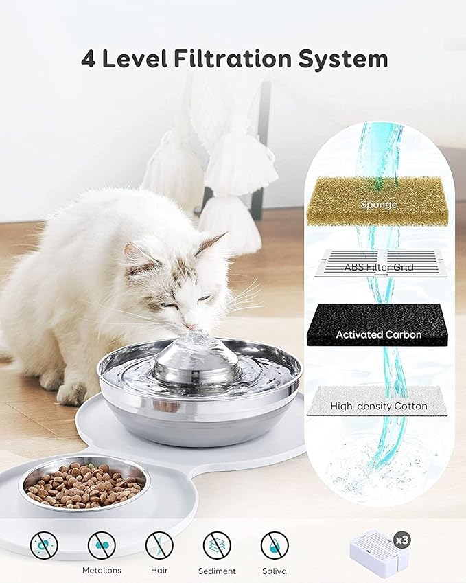 pet Water Dispenser Stainless Steel Water Fountain Dog Bowl 2-in-1 Set 2L/67oz Pet Water Fountain 248ml Food Bowl Feeding Watering Supplies with 3 Filters Mat for Cats Dogs cat Fountain