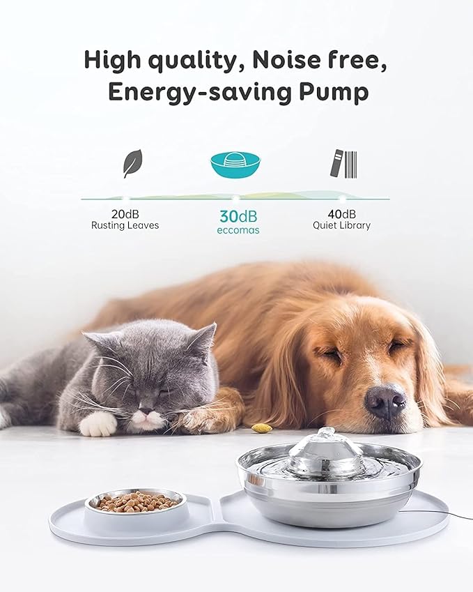 pet Water Dispenser Stainless Steel Water Fountain Dog Bowl 2-in-1 Set 2L/67oz Pet Water Fountain 248ml Food Bowl Feeding Watering Supplies with 3 Filters Mat for Cats Dogs cat Fountain