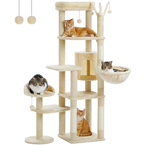 59" Cactus Cat Tree, Large Cat Tree for Indoor Cats, Cat Tower for Large Cats, Multi-Level Cat Tower, Cat Condo with Large Hammock, Scratching Post, and 2 Perches, Green、
