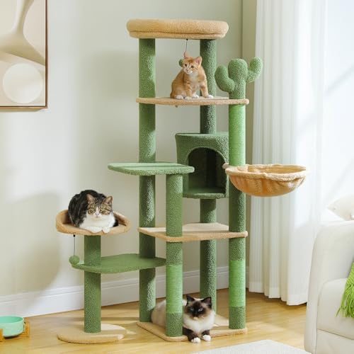 59" Cactus Cat Tree, Large Cat Tree for Indoor Cats, Cat Tower for Large Cats, Multi-Level Cat Tower, Cat Condo with Large Hammock, Scratching Post, and 2 Perches, Green、