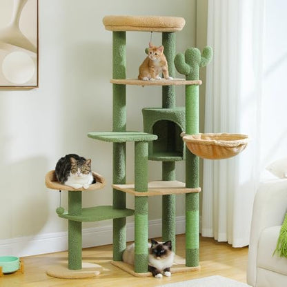 59" Cactus Cat Tree, Large Cat Tree for Indoor Cats, Cat Tower for Large Cats, Multi-Level Cat Tower, Cat Condo with Large Hammock, Scratching Post, and 2 Perches, Green、
