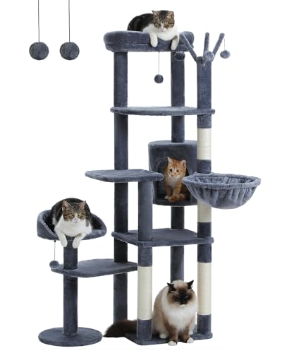 59" Cactus Cat Tree, Large Cat Tree for Indoor Cats, Cat Tower for Large Cats, Multi-Level Cat Tower, Cat Condo with Large Hammock, Scratching Post, and 2 Perches, Green、