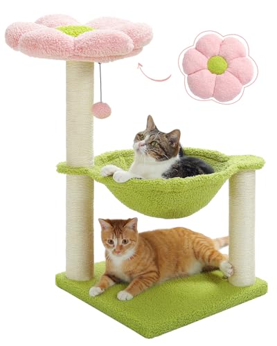 Flower Cat Tree, 28" Cat Tower with Cozy Flower Perch, Large Hammock for Indoor Small Cats, Cute Cat Tree with Sisal Scratching Post and Fur Toy Ball for Kittens, Pink